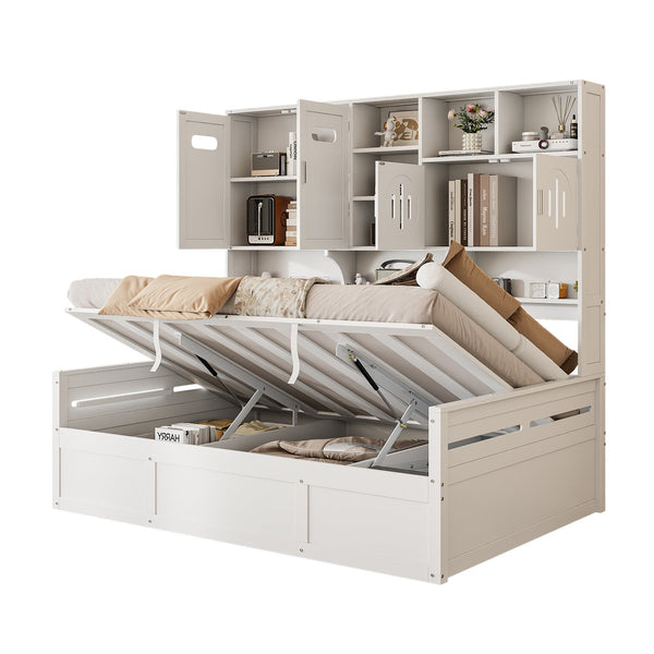 English Elm Full Size Wooden Daybed With Hydraulic Lift, Integrated Storage Cabinet & Stylish Shelving, White N820S00047K