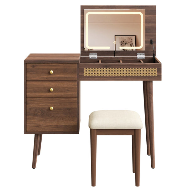English Elm 39" Retro Bohemian Vanity Desk with Flip-Top Mirror & LED Lights, Rattan Drawers, 3-Drawer Storage, Walnut Finish N733P361800D