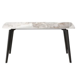 English Elm 62.99" Modern Artificial Stone White Dining Table With Curved Edges & Black Metal Legs For 6 People W1535S00517