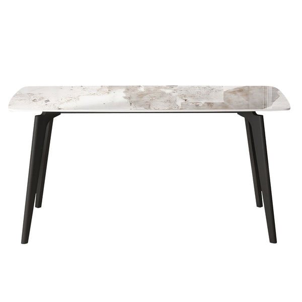 English Elm 62.99" Modern Artificial Stone White Dining Table With Curved Edges & Black Metal Legs For 6 People W1535S00517