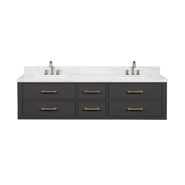 English Elm Black Double Bath Vanity With Carrara Marble Top, Chrome Faucets & Ample Storage – Elegant Design! B2731P258062