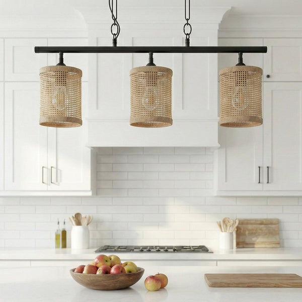 English Elm Elysian Three Light Rattan Pendant Farmhouse Kitchen Island Matte Black Chain Lamp B183P230906