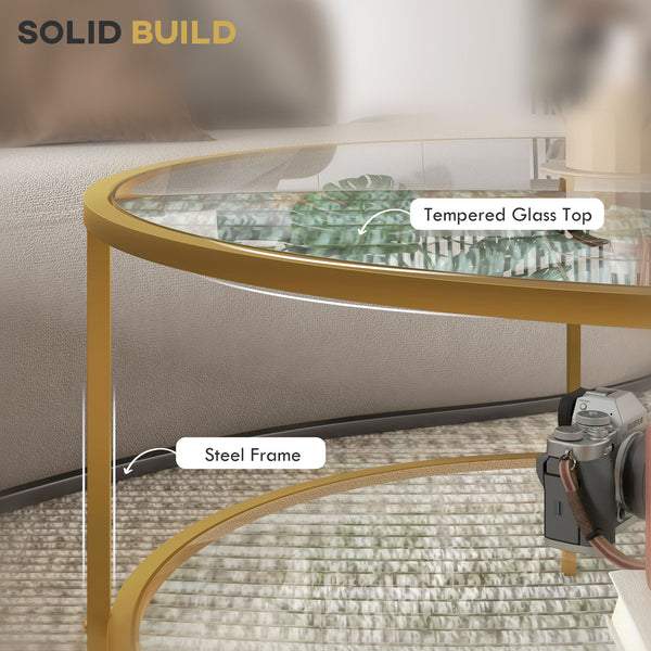 English Elm Homcom Elegant Gold Round Side Table With Two-Tier Tempered Glass Shelves For Stylish Living Rooms W2225P217455