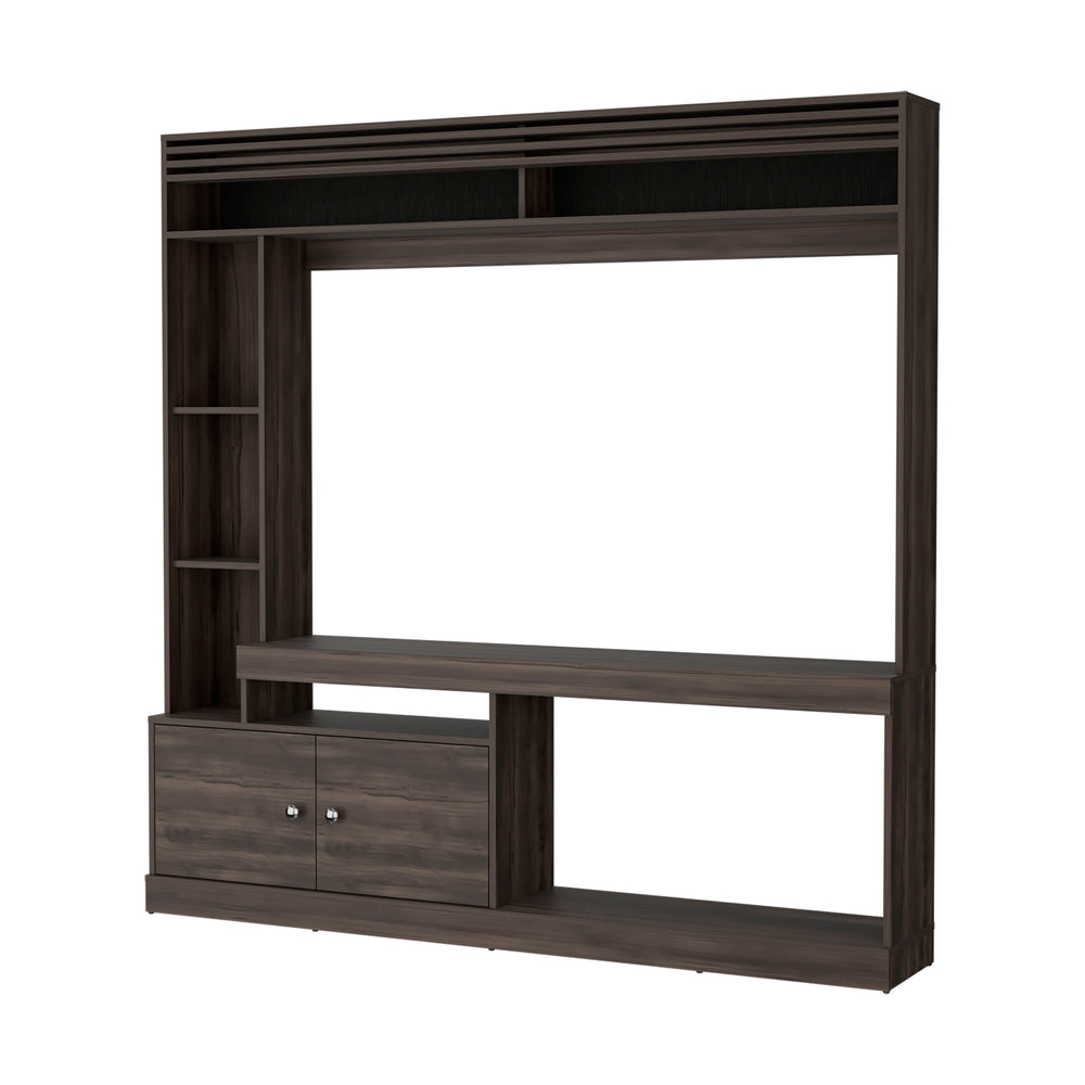 English Elm Rock House Entertainment Console with Two Doors, Open Shelves & Stained Walnut Finish for TVs B128S00044