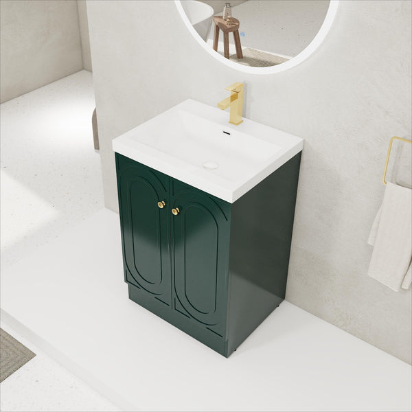 English Elm 24" Freestanding Bathroom Vanity with Resin Integrated Sink, Soft-Close Doors, Adjustable Shelf, Durable Plywood Finish Dark Green W999S00270
