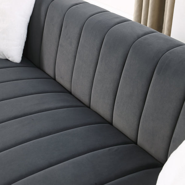 English Elm A Modern Channel Sofa - Elegant Grey Velvet Chesterfield Design, 3-Seater Comfort For Any Space W1099S00126