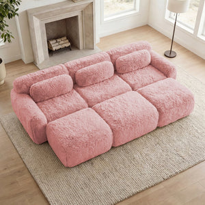 English Elm 3-seater Curved Modular Sectional Plush Upholstered Sofa with Linkable Ottoman for Living Rooms Pink W714S01561