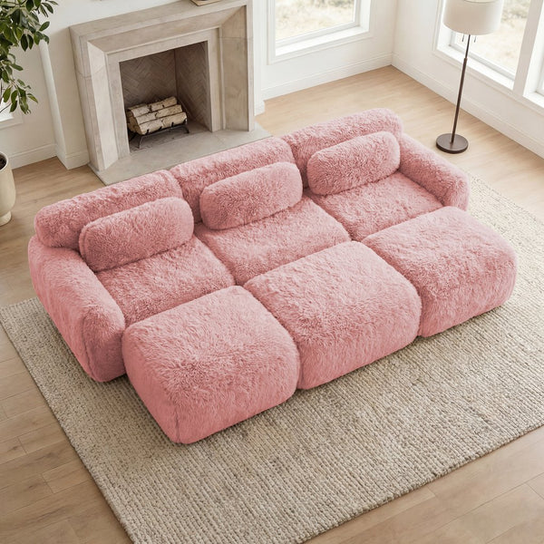 English Elm 3-seater Curved Modular Sectional Plush Upholstered Sofa with Linkable Ottoman for Living Rooms Pink W714S01561