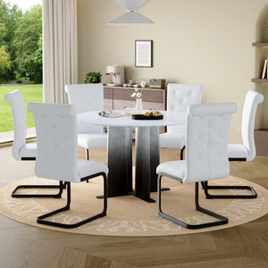 English Elm Modern Round Faux Marble Dining Set Seats Six with Tufted Pvc Chairs Metal Base W3875S00069