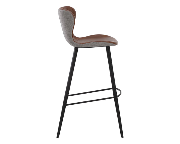 Sunpan Arabella Mid-Century Modern Bar Stool with Clamshell Tufting and Stylish Black Steel Legs Bravo Cognac / November Grey