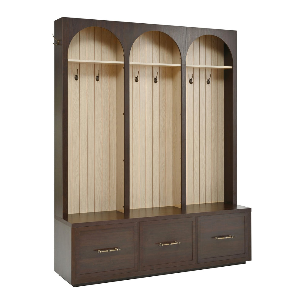 English Elm Hall Tree Entryway Organizer with Bench Drawers Hooks and Arched Wood Grain Panels Dark Walnut N721P415880D