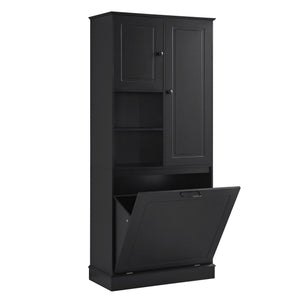 English Elm Tall Storage Cabinet with Flip-Out Basket, Adjustable Shelves & Aluminum Handles for Organized Living Black N725P322739B