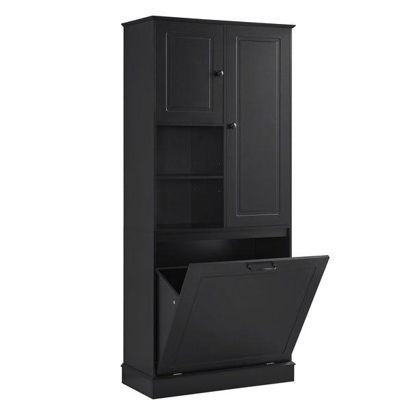 English Elm Tall Storage Cabinet with Flip-Out Basket, Adjustable Shelves & Aluminum Handles for Organized Living Black N725P322739B