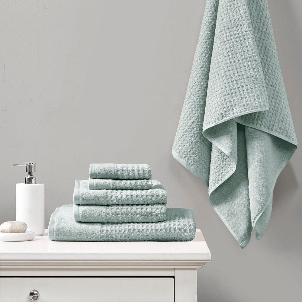 JLA Home Madison Park - Cotton Waffle Jacquard Antimicrobial Spa Towel Set — 6-Piece 600gsm Quick-Dry, OEKO-TEX Certified Seafoam MP73-5912