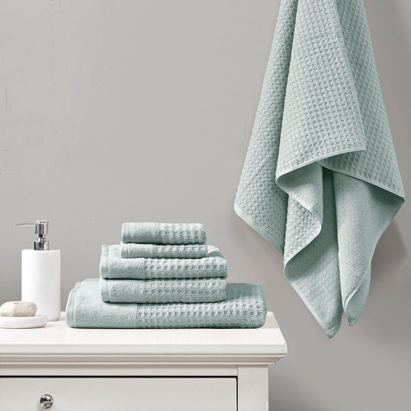 JLA Home Madison Park - Cotton Waffle Jacquard Antimicrobial Spa Towel Set — 6-Piece 600gsm Quick-Dry, OEKO-TEX Certified Seafoam MP73-5912