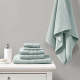 Madison Park Spa Waffle Modern/Contemporary Cotton Waffle Jacquard Antimicrobial Bath Towel 6 Piece Set MP73-5912 Seafoam