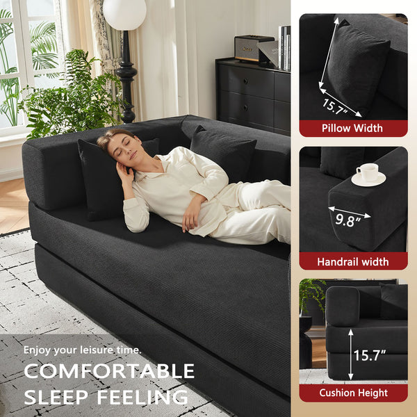 English Elm Convertible Corduroy Floor Sofa with Folding Sleeper and Bolster Pillow for Apartments Black W5638P460678