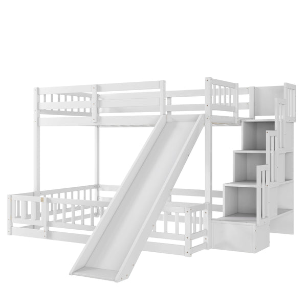 English Elm Twin Over Full Bunk Bed Solid Pine Frame with Built-in Slide and Storage Staircase White W504S00290