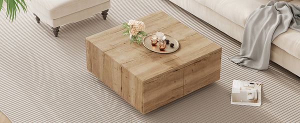 English Elm 33.25" Square Storage Coffee Table Four Drawer Matte Mdf Living Room Centerpiece Natural N735P422508N