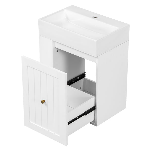 English Elm 20-Inch Compact Bathroom Vanity with Ceramic Sink, Wall-Mounted MDF Cabinet, Modern Space-Saver Design White N725P314023K