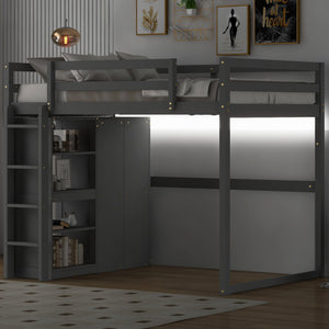 English Elm Wood Full Size Loft Bed with Built-in Wardrobe, 4-Tier Storage Shelves, LED Light, Pine MDF Durable Gray GX000463AAE
