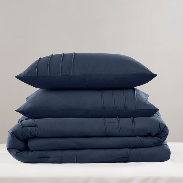 JLA Home Comfort Spaces - Soft Pinch-Pleat Microfiber Comforter Set with Subtle Grid Texture, Year-Round Lightweight Warmth Navy AM10-0399