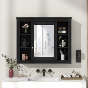 English Elm 35'' Modern Wall Medicine Cabinet with Mirror, Black MDF Storage, Soft-Close Hinges, Towel Rod, Adjustable Shelves N710P197128B