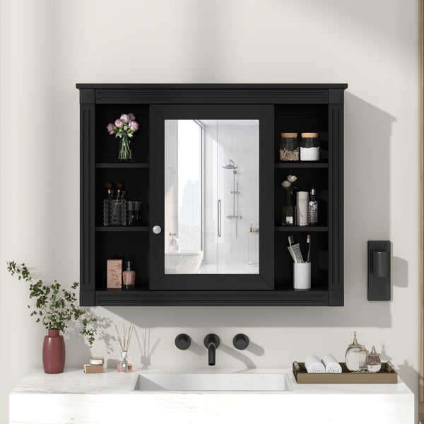 English Elm 35'' Modern Wall Medicine Cabinet with Mirror, Black MDF Storage, Soft-Close Hinges, Towel Rod, Adjustable Shelves N710P197128B