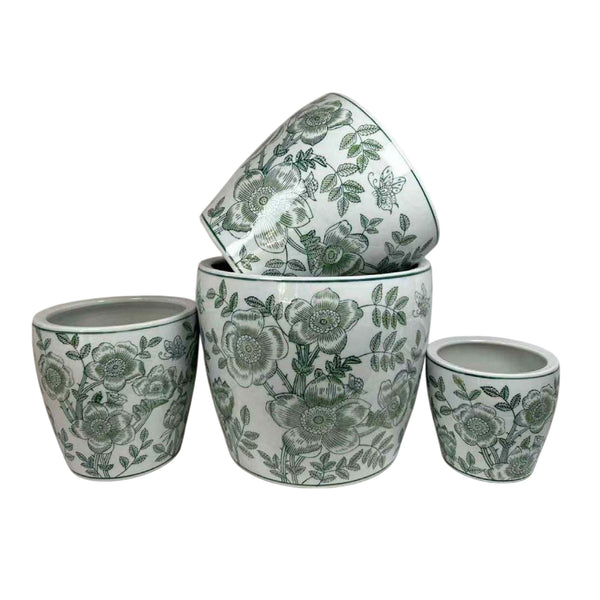 English Elm Kerry Blue Floral White Ceramic Planter Collection Four Graduated Pots for Indoor Garden Display White+Green B056P416929