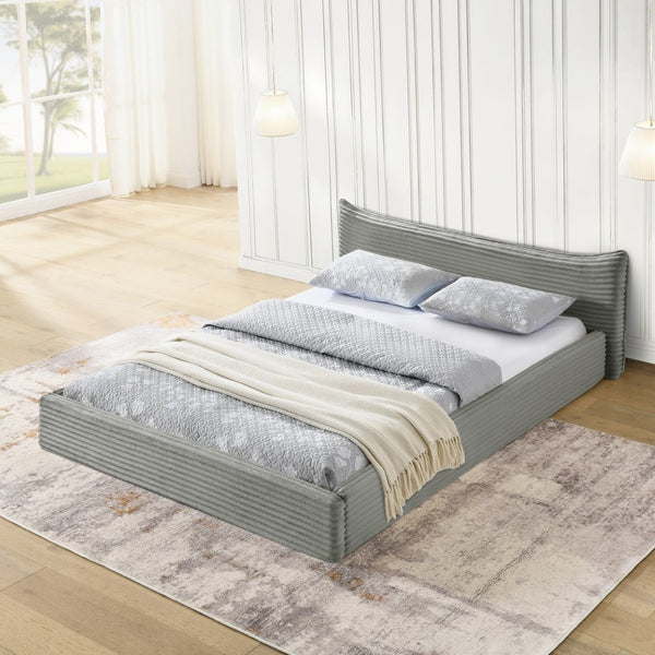 English Elm Queen Upholstered Platform Bed Frame In Grey Velvet With Curved Headboard - No Box Spring Needed! W487S00340-GIGA