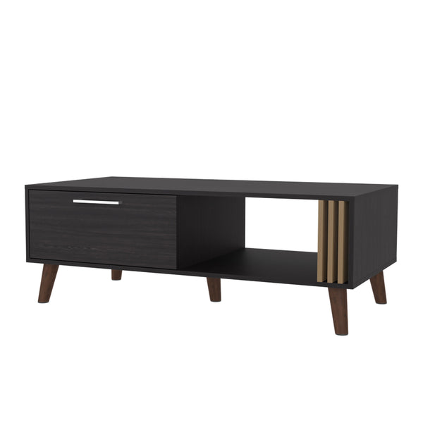English Elm Govan Mid-Century Coffee Table with Door & Open Shelves, Conical Legs, Wengue Finish, Durable Design B128P263709
