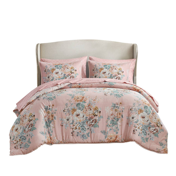 English Elm 7-piece Queen Comforter Set Vintage Floral Blush Reversible Polyester Bedroom Bedding B035P408236