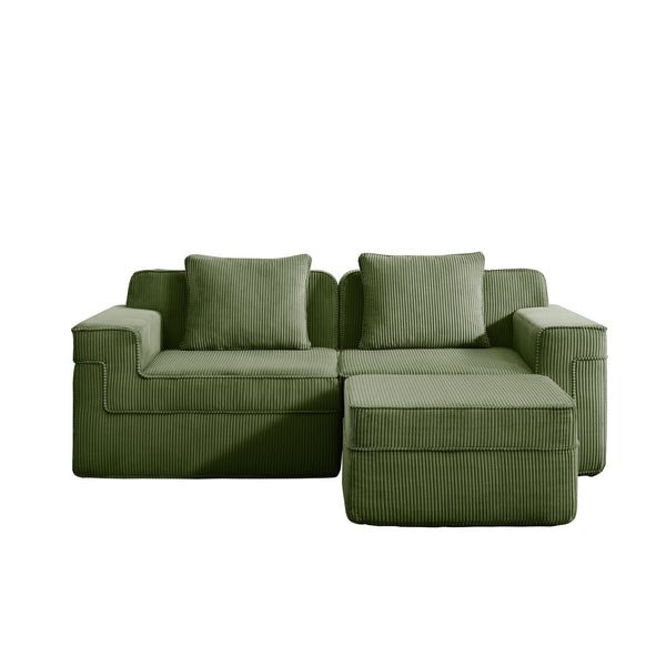 English Elm Modular 2-Seat L-Shape Sectional Sofa In Green Corduroy, Ultimate Comfort With Movable Ottoman & Pillows W3041S00330