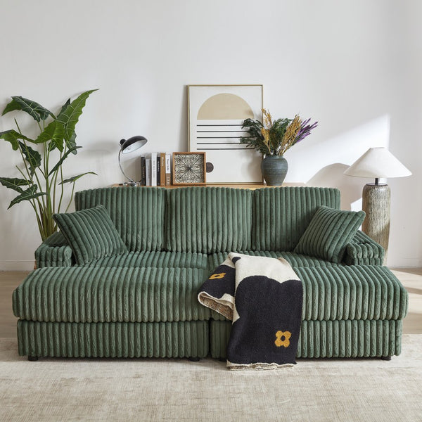 English Elm 84Inch Corduroy sofa with 3 back & 2 toss pillows, 2 ottomans, cup holders, deep seat, storage space W834S00550