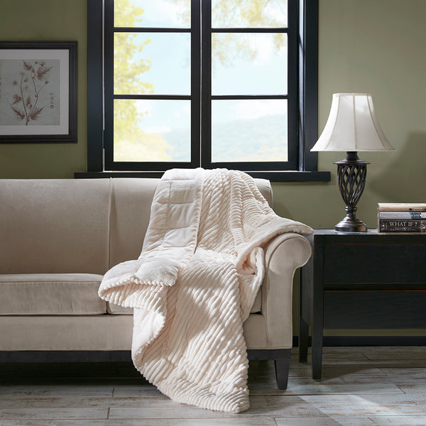 JLA Home Madison Park - Oversized Plush Down Alternative Throw for Luxurious Warmth — Ribbed Face, Box Quilted, Machine-Washable Comfort Ivory BASI50-0429