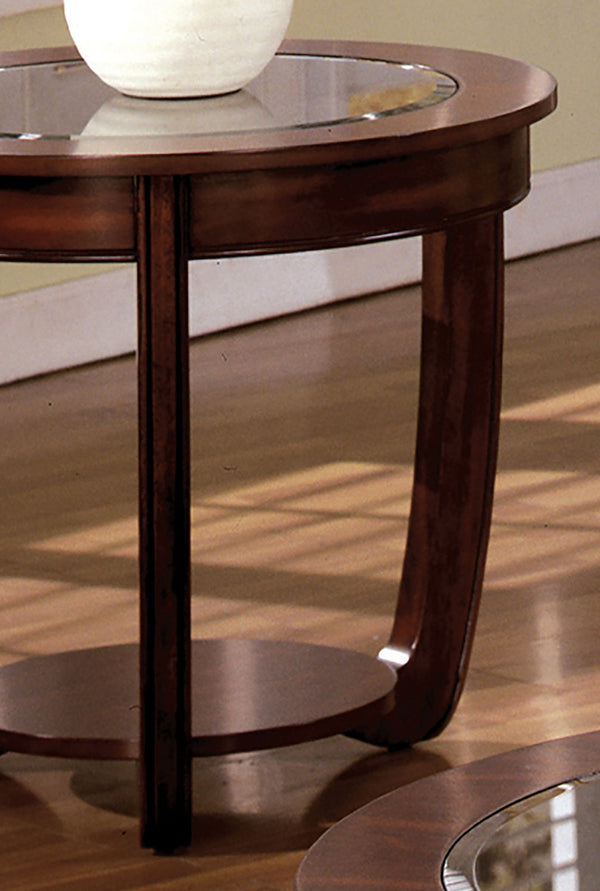 English Elm Dark Cherry Round End Table Beveled Glass Top Open Shelf Transitional Living Room B011P246325