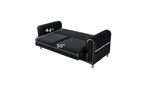 English Elm Melody Velvet Upholstered Sleeper Loveseat with Gold Accents, Vertical Tufting & Convertible Comfort Black B009S01834