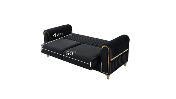 English Elm Melody Velvet Upholstered Sleeper Loveseat with Gold Accents, Vertical Tufting & Convertible Comfort Black B009S01834