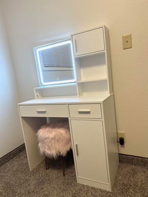 English Elm Vanity LED Mirror Dressing Table with Touch Controls, Large Drawer & Smart Storage for Bedroom Rose Pink W2386P288814