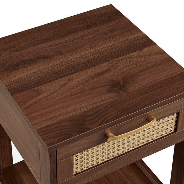 English Elm Pe Rattan End Table With Drawer - Stylish Walnut Nightstand & Versatile Side Table For Any Room W1265P236882-GIGA