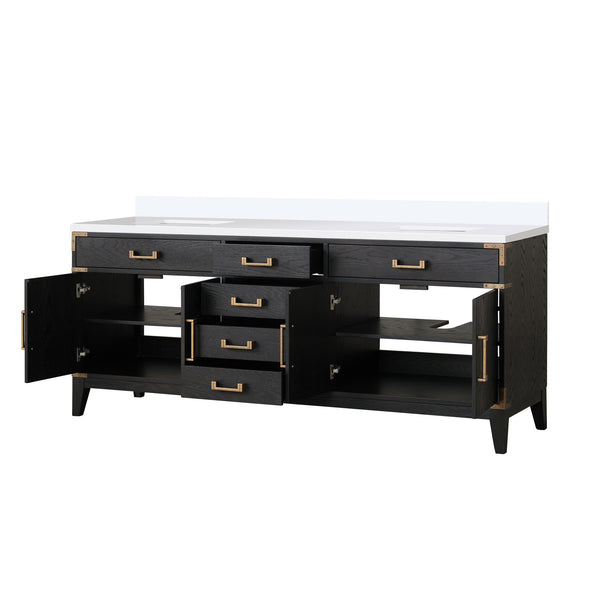 English Elm Black Oak Double Bath Vanity 80" W X 22" D With Elegant White Quartz Top & Ample Storage Solutions B2731P260963