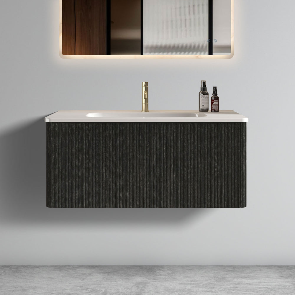 English Elm U058-Etna36W-308 Striped Walnut Floating Vanity 36" with Glossy White Ceramic Sink, Push-Open Drawer, Curved Safety Edges W1865P218041