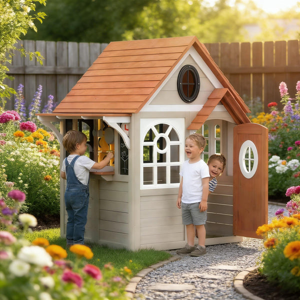 English Elm Comfortable Solid Fir Wood Outdoor Playhouse with Stove Blackboard and Doorbell T3971P491789