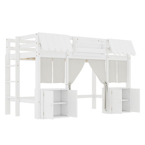 English Elm Twin Loft Bed Cottage-Style Playhouse with Built-In Bookshelf, Curtain & Storage, Safe Guardrails White W1580S00355