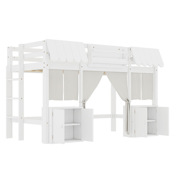 English Elm Twin Loft Bed Cottage-Style Playhouse with Built-In Bookshelf, Curtain & Storage, Safe Guardrails White W1580S00355