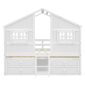 English Elm Full Size House Loft Bed With Roof & Windows, 4 Storage Drawers, Pine Wood, Safe Guardrails & Ladder W504S00242