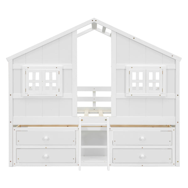 English Elm Full Size House Loft Bed With Roof & Windows, 4 Storage Drawers, Pine Wood, Safe Guardrails & Ladder W504S00242