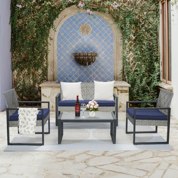 English Elm 4-Piece Patio Set with Acacia Wood Table, Light Gray Rattan & Blue Cushions — Durable, Weather-Resistant Seating for Balcony W2391P265430