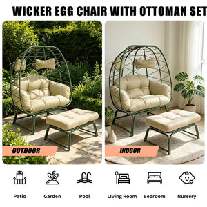 English Elm Double Egg Wicker Lounge Chair with Ottoman Bohemian Pe Rattan Outdoor Patio Seat T5880P501485