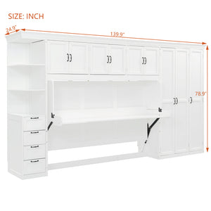 English Elm Twin Murphy Wall Bed with Integrated Desk Wardrobe and Storage Cabinet in White LP000767AAK